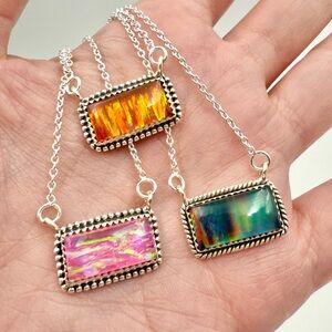 Orange Aurora Opal Sterling Silver Bar Chain Necklaces